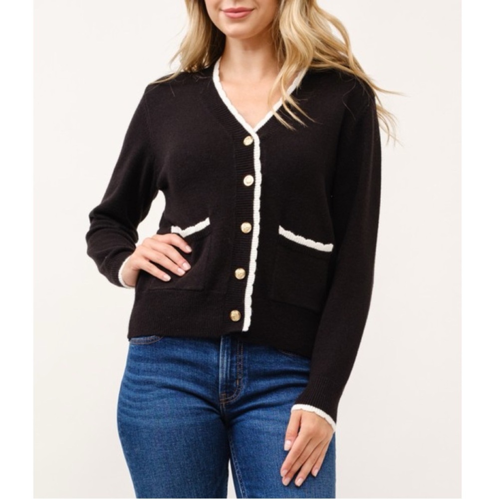 438 • White Trimmed Black Viscose Blend V Neck Cardigan w/Pockets & Gold Buttons
